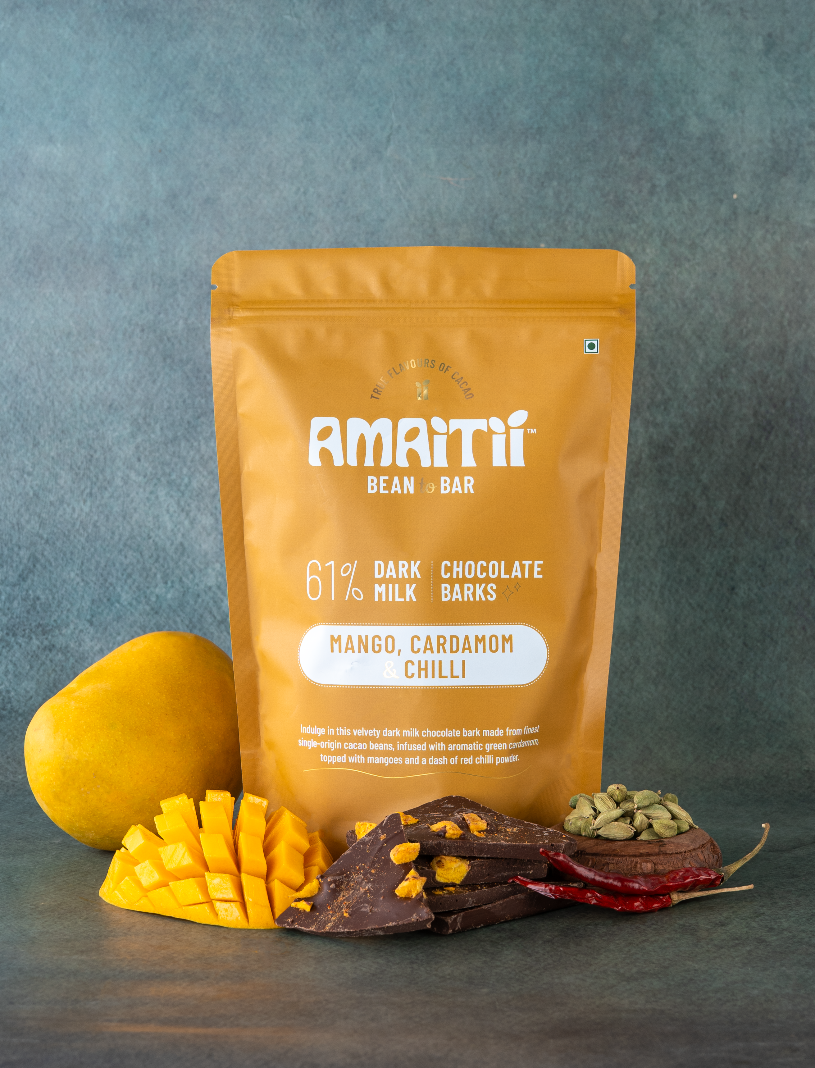 Mango, Cardamom & Chili 61% Dark Milk Chocolate Barks